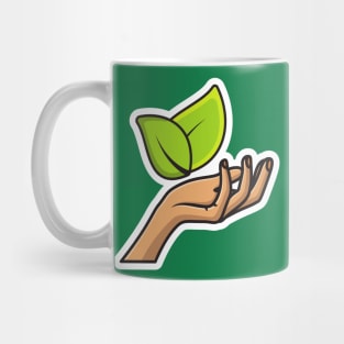 Hand Holding Leaf Sticker vector illustration. Natural products icon concept. Leaf in a hand sign of environmental protection icon. Green leaves and woman hand sticker design logo. Mug